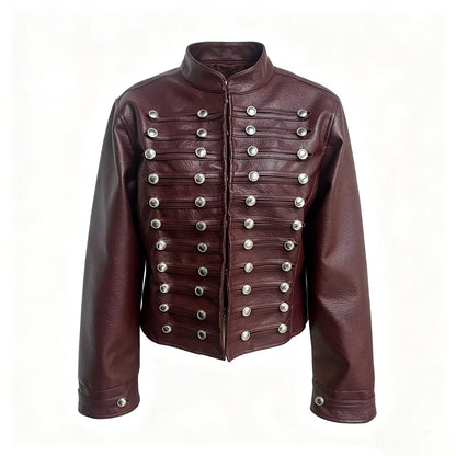 Women's button decoration short Faux Leather jacket Coat