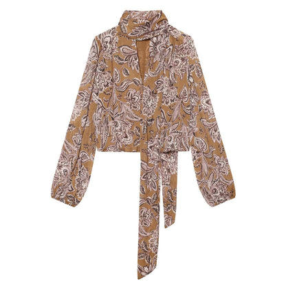 Women's ribbon decoration retro printed chiffon top