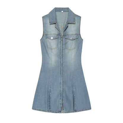 Women's sleeveless lapel denim dress
