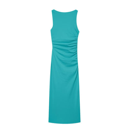 Women's slit design pleated Midi dress