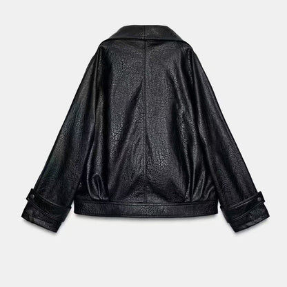 Women's new leather effect motorcycle jacket coat