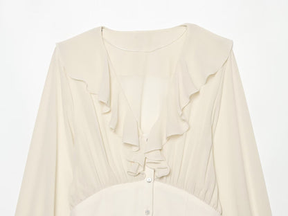 Women's waist cinching layered decorative V-neck shirt