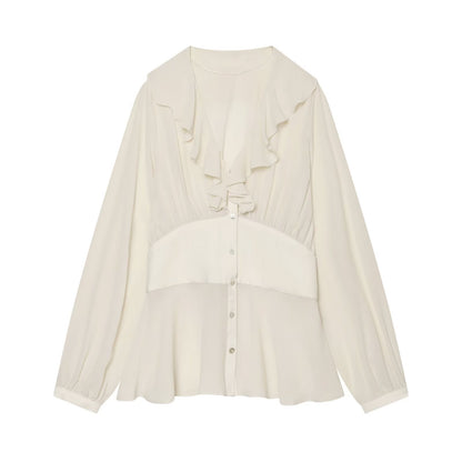 Women's waist cinching layered decorative V-neck shirt