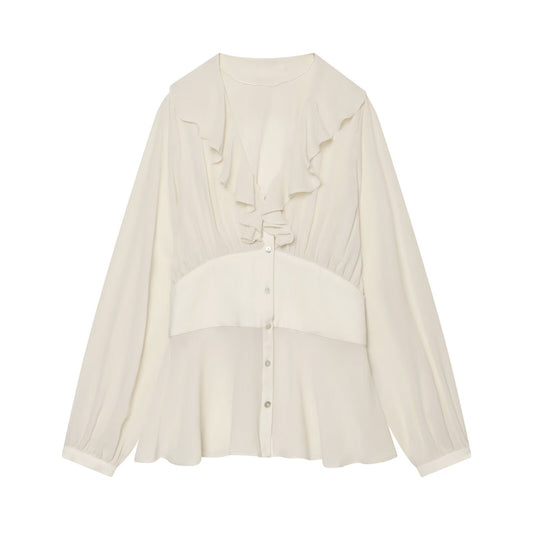 Women's waist cinching layered decorative V-neck shirt