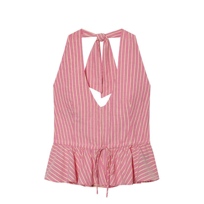 suit Women's 2 pieces striped halter neck top+wide leg pants