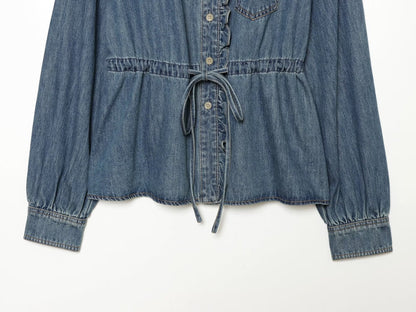 Women's ruffled waistband decorative denim shirt