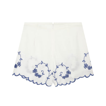 suit Women's 2 pieces linen blend embroidered top+Shorts