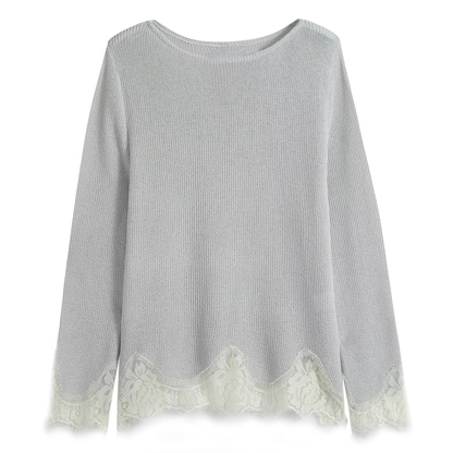suit Women's 2 pieces lace O Neck long sleeved knitted top+Shorts