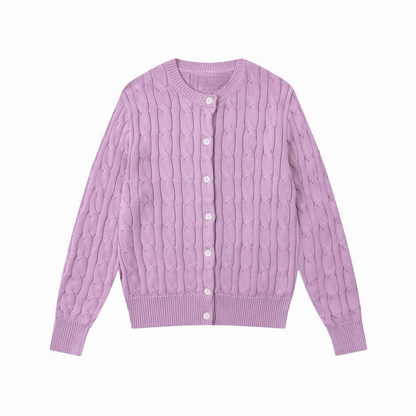 Women's new round neck solid color long sleeve knit cardigan