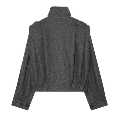 Women's pleated design standing collar woolen coat