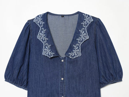 Women's embroidered short denim shirt