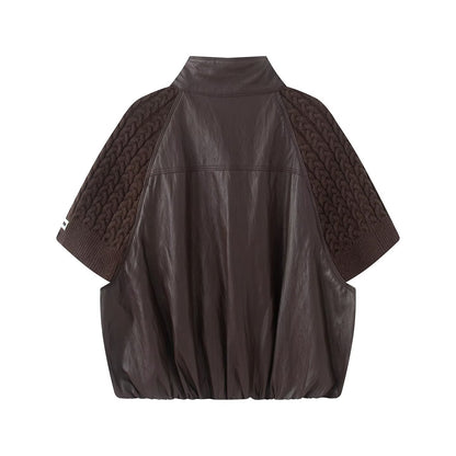 Women's casual knitted patchwork Faux Leather Coat