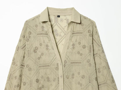 Women's hollowed out embroidered lapel shirt