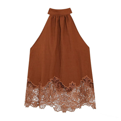suit Women's 2 pieces hollow embroidery hanging neck top+Pants