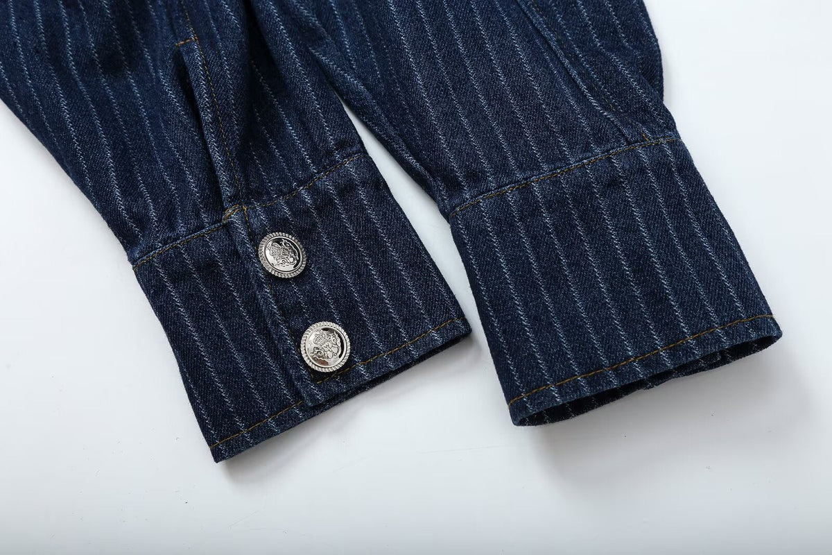 suit Women's 2 pieces short denim striped Coat+straight low rise jeans