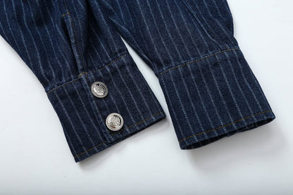 suit Women's 2 pieces short denim striped Coat+straight low rise jeans