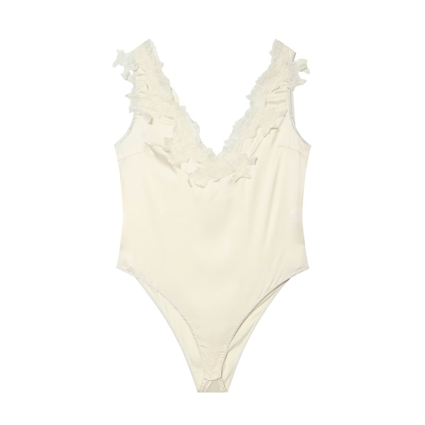 Women's lace decorated satin textured bodysuit