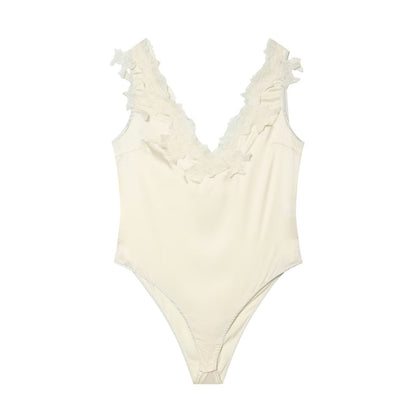 Women's lace decorated satin textured bodysuit