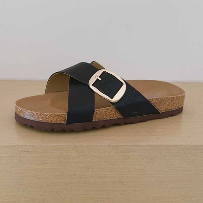 2026 women's new cork sole cross design slippers have a shoe box