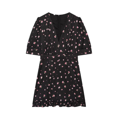 Women's slim V-neck printed mini dress