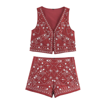 suit Women's 2 pieces mirror effect decorative embroidered vest+shorts