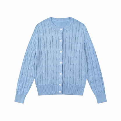 Women's new round neck solid color long sleeve knit cardigan