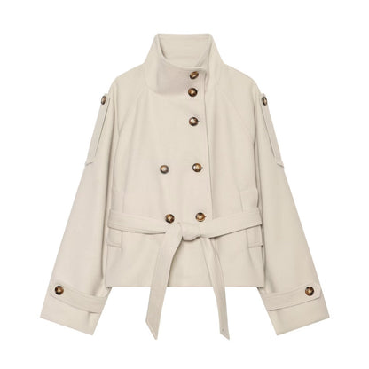 Women's with belt standing collar woolen coat