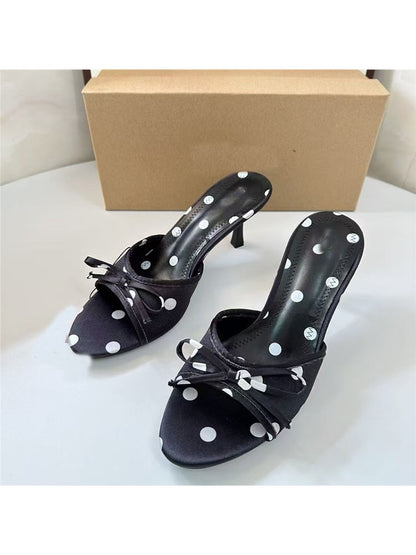 2026 New Leopard Print Bow High-Heeled Open-Toe Sandals, Suitable for Outerwear, One-Strap Women's Sandals