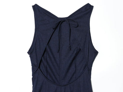 Women's backless linen blended MIDI dress