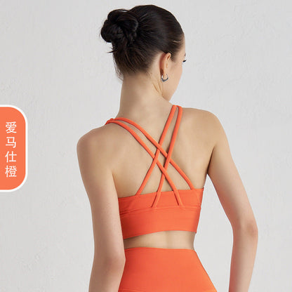 Women's new double-sided sanding cross back sports bra shockproof gathered yoga bra fitness vest