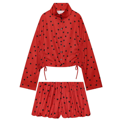 suit Women's 2 pieces lace up decorative polka dot Coat+shorts