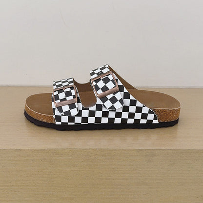 Women's 2026 new fashion cork checkerboard double buckle slippers