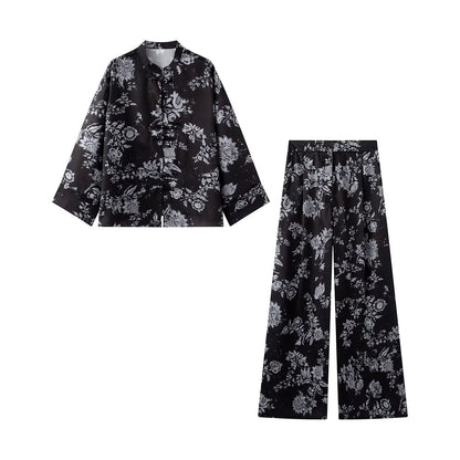suit Women's 2 pieces new Chinese style stand collar printed top+Pants