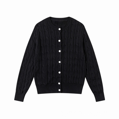Women's new round neck solid color long sleeve knit cardigan