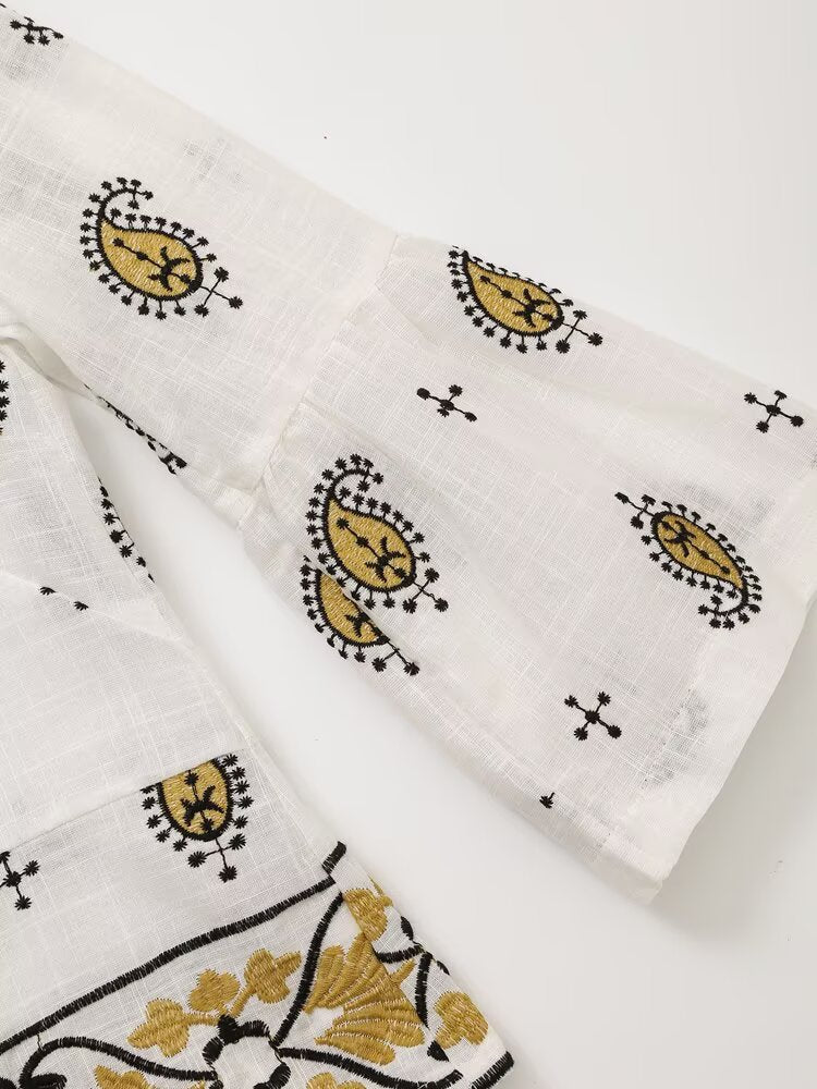 suit Women's 2 pieces embroidered O Neck open Blazer Coat+Pants