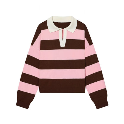 Women's casual soft texture striped knitted polo shirt