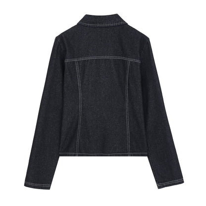 Women's double zipper design slim denim shirt
