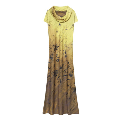 Women's printed draped collar MIDI dress