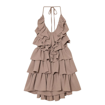 Women's layered decorative chiffon halter neck dress