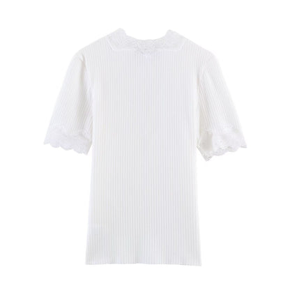 Women's slim V-neck lace ribbed T-shirt