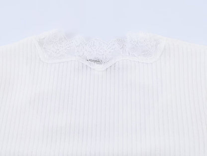 Women's slim V-neck lace ribbed T-shirt