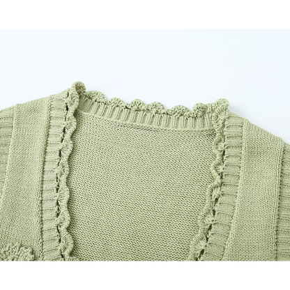 Women's flower decorated U-shaped collar tied knit cardigan