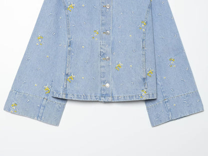 suit Women's 2 pieces flower embroidered denim jacket Coat+Shorts