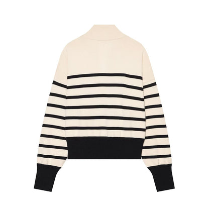 Women's soft textured zipper striped knitted sweater