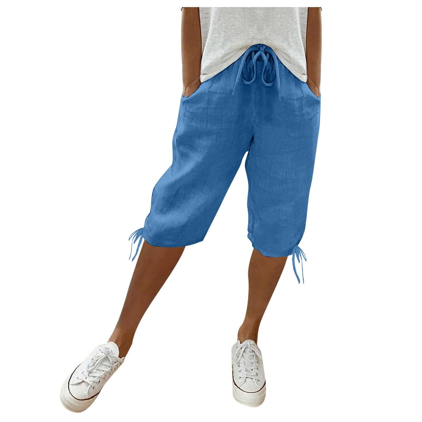 2026 women's new cotton and linen pocket elastic drawstring pants