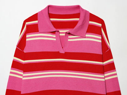 Women's casual striped knitted polo shirt