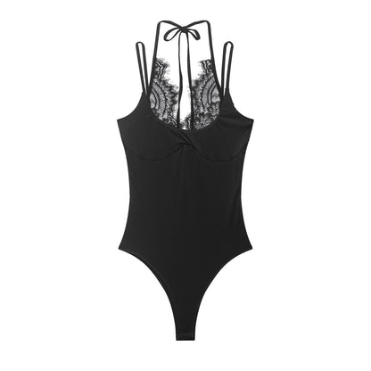 Women's lace patchwork halter neck bodysuit