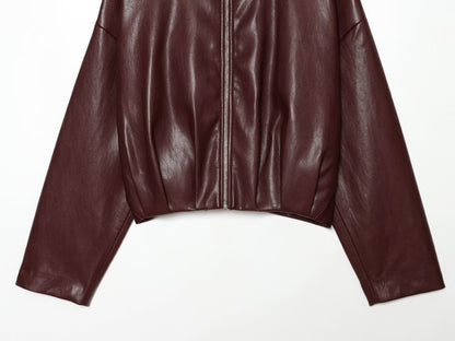 Women's casual versatile faux leather zipper Coat