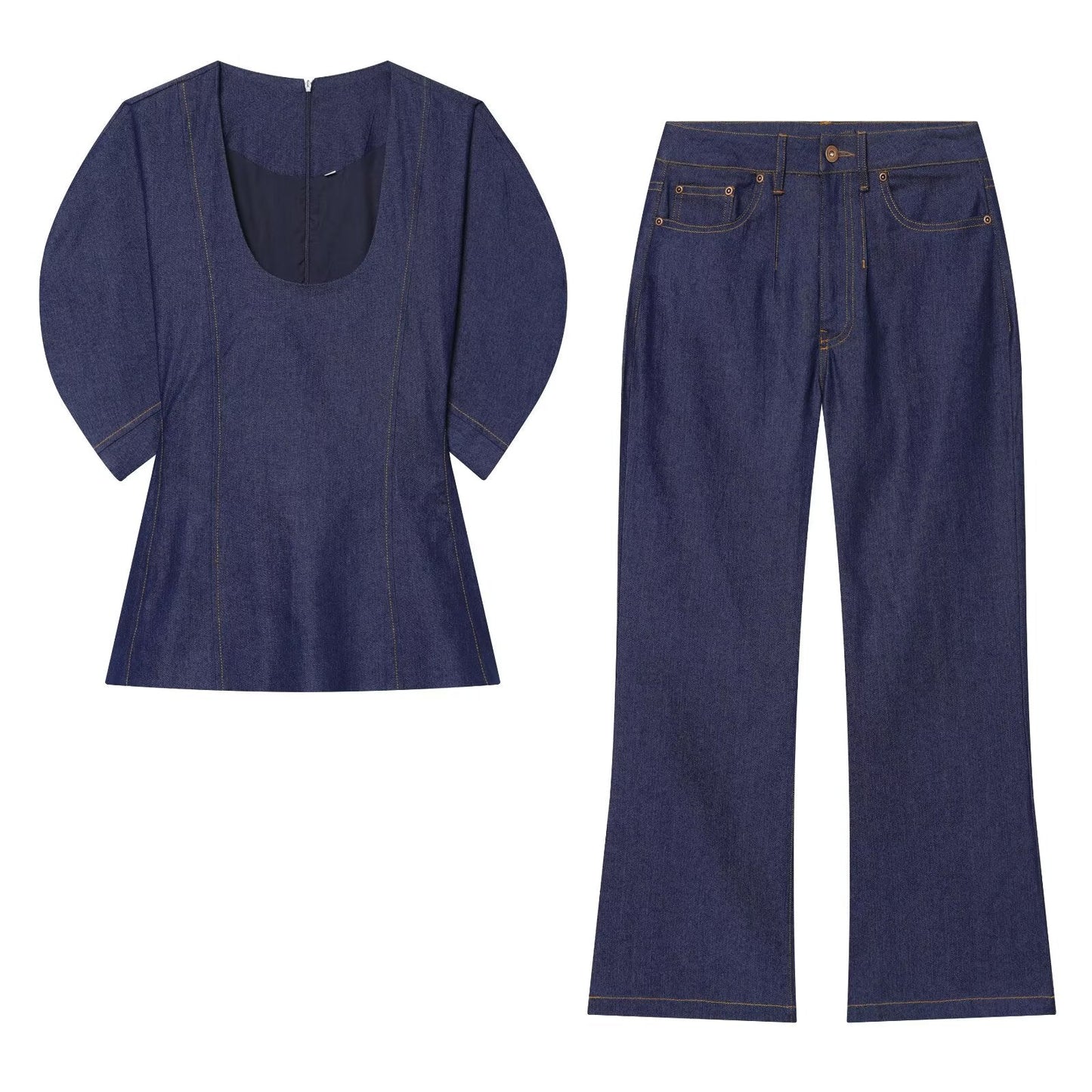 suit Women's 2 pieces O Neck bubble short sleeved denim shirt+jeans