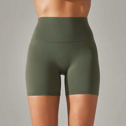 Women's new solid color yoga shorts double sanding tight high waist elastic exercise fitness three-point yoga pants.